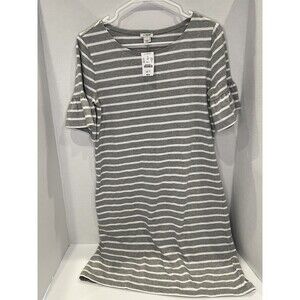 NWT J Crew Ruffle Sleeve Dress Gray White Stripe Short Sleeve Cotton Small